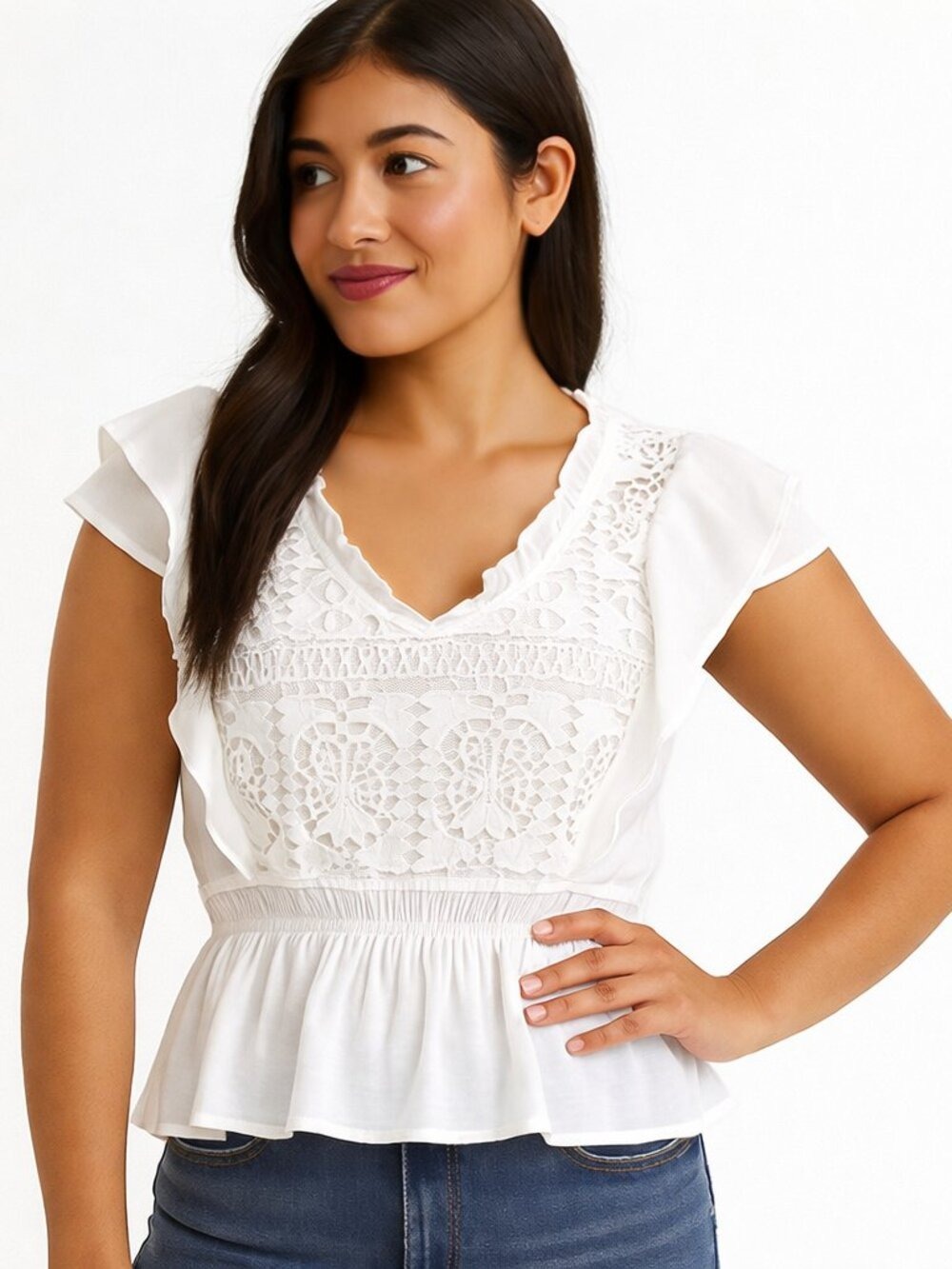 Mine White Lace Peplum Blouse – Romantic Boho Chic | Size M